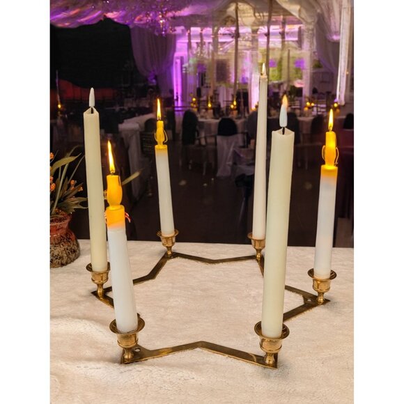 Star-Shaped Brass Candle Holder W/ 6 Arms For Taper Candles Wedding Party Decor - Picture 1 of 10